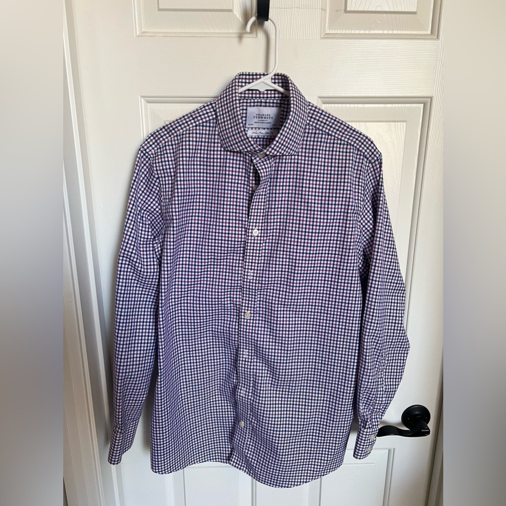 Charles Thyrwitt Shirt 
16.5 / 34 Slim Fit 
Purple and blue checkered